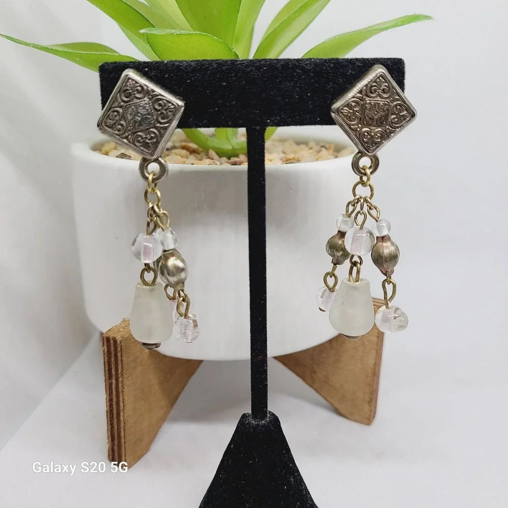 Unknown Brand Dangle Earrings Beaded Drop Silver Tone‎ Boho Chic Pre-Owned